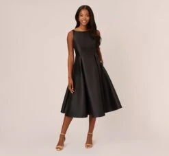 Adrianna Papell Sleeveless Mikado Fit And Flare Midi Dress With V-Back In Black