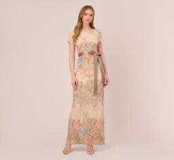 Adrianna Papell Floral Matelasse Gown In Blush Multi