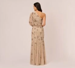 Adrianna Papell One Shoulder Beaded Gown In Nude -Allure Attire 091860320 NUD Regular Back