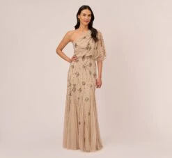 Adrianna Papell One Shoulder Beaded Gown In Nude