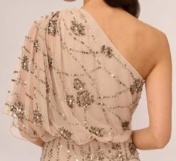 Adrianna Papell One Shoulder Beaded Gown In Nude -Allure Attire 091860320 NUD Regular Lifestyle