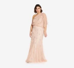 Adrianna Papell One Shoulder Beaded Gown In Blush -Allure Attire 09186032 BLS Regular Lifestyle