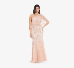 Adrianna Papell One Shoulder Beaded Gown In Blush -Allure Attire 09186032 BLS Regular Side