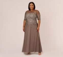 Adrianna Papell Plus Size Beaded Illusion Gown In Lead