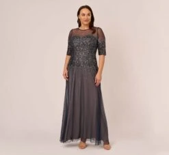 Adrianna Papell Plus Size Beaded Illusion Gown In Navy