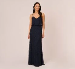 Adrianna Papell Art Deco Beaded Blouson Gown In Navy Black
