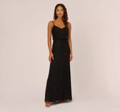 Adrianna Papell Art Deco Beaded Blouson Gown In Black