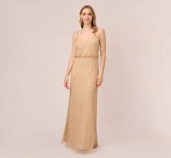 Adrianna Papell Art Deco Beaded Blouson Gown In Champ Gold