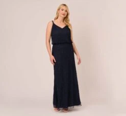 Adrianna Papell Plus Size Art Deco Beaded Blouson Gown In Navy Black