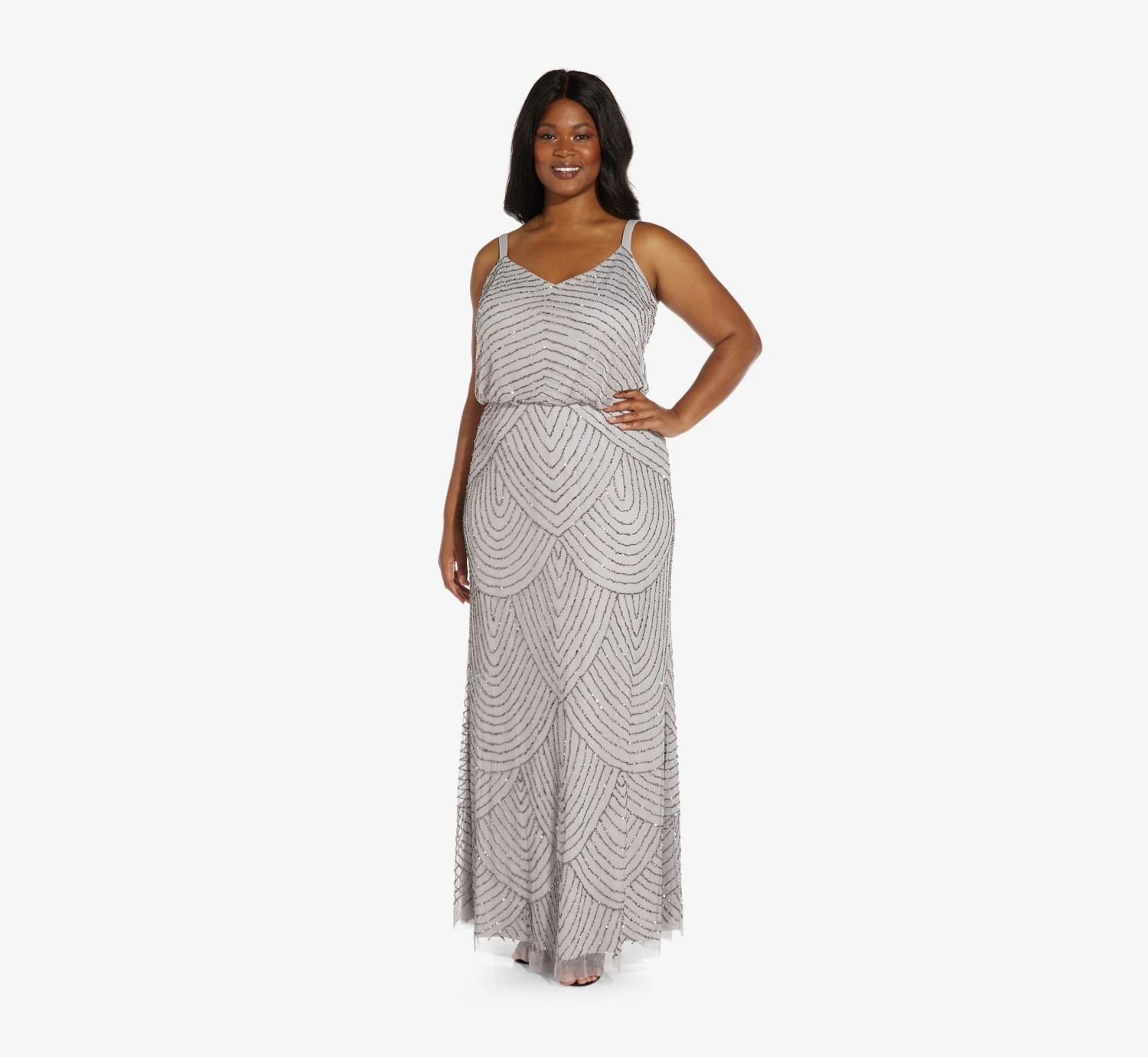 Adrianna Papell Plus Size Art Deco Beaded Blouson Gown In Bridal Silver 1 Adrianna Papell Plus Size Art Deco Beaded Blouson Gown In Bridal Silver