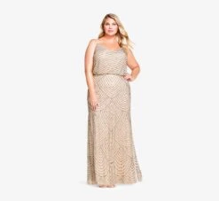 Adrianna Papell Plus Size Art Deco Beaded Blouson Gown In Taupe Pink -Allure Attire 09186670 T P Plus Alternate