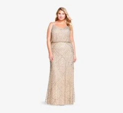 Adrianna Papell Plus Size Art Deco Beaded Blouson Gown In Taupe Pink