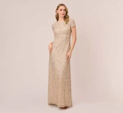 Adrianna Papell Scoop Back Sequin Gown In Champagne