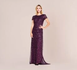 Adrianna Papell Scoop Back Sequin Gown In Cabernet
