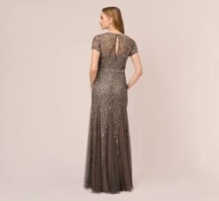 Adrianna Papell Cap Sleeve Beaded Gown In Lead -Allure Attire 091904940 LED Regular Back