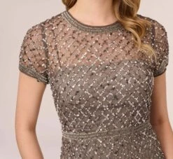 Adrianna Papell Cap Sleeve Beaded Gown In Lead -Allure Attire 091904940 LED Regular Detail