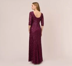Adrianna Papell Scoop Back Sequin Gown With Three Quarter Sleeves In Cabernet -Allure Attire 091919970 AD605 Regular Back