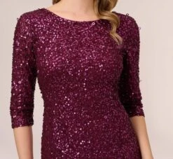Adrianna Papell Scoop Back Sequin Gown With Three Quarter Sleeves In Cabernet -Allure Attire 091919970 AD605 Regular Detail
