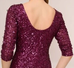 Adrianna Papell Scoop Back Sequin Gown With Three Quarter Sleeves In Cabernet -Allure Attire 091919970 AD605 Regular Lifestyle