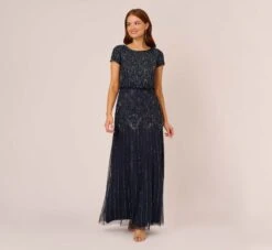 Adrianna Papell Short Sleeve Blouson Beaded Gown In Navy