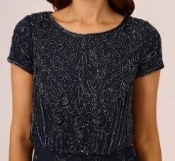 Adrianna Papell Short Sleeve Blouson Beaded Gown In Navy -Allure Attire 191906600 NAV Regular Detail