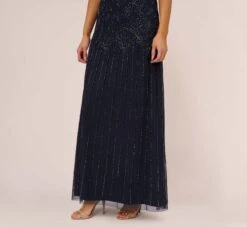 Adrianna Papell Short Sleeve Blouson Beaded Gown In Navy -Allure Attire 191906600 NAV Regular Lifestyle