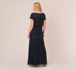 Adrianna Papell Plus Size Short Sleeve Blouson Beaded Gown In Navy -Allure Attire 191906601 NAV Plus Back