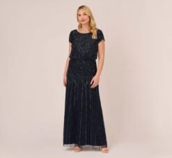 Adrianna Papell Plus Size Short Sleeve Blouson Beaded Gown In Navy