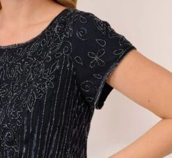 Adrianna Papell Plus Size Short Sleeve Blouson Beaded Gown In Navy -Allure Attire 191906601 NAV Plus Detail