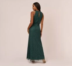 Adrianna Papell Art Deco Beaded Blouson Dress With Halter Neckline In Dusty Emerald -Allure Attire 191914100 AA302 Regular Back
