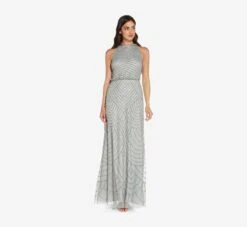 Adrianna Papell Art Deco Beaded Blouson Dress With Halter Neckline In Blue Mist 5 Adrianna Papell Art Deco Beaded Blouson Dress With Halter Neckline In Blue Mist -Allure Attire 191914100 AE485 Regular Alternate