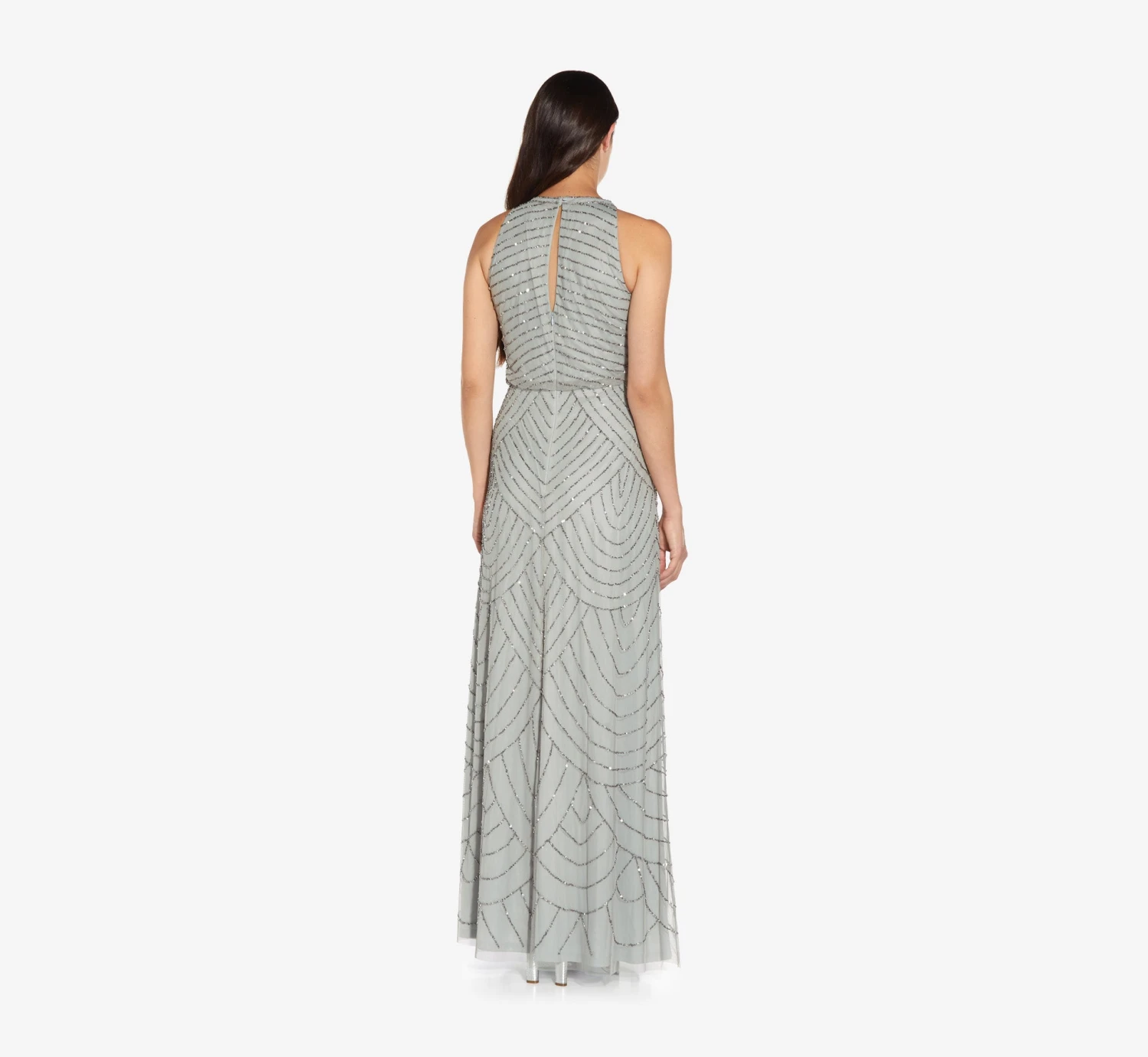 Adrianna Papell Art Deco Beaded Blouson Dress With Halter Neckline In Blue Mist 2 Adrianna Papell Art Deco Beaded Blouson Dress With Halter Neckline In Blue Mist - Image 2