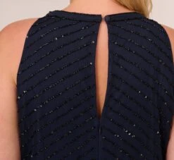 Adrianna Papell Plus Size Art Deco Beaded Blouson Dress With Halter Neckline In Navy Black -Allure Attire 191914100 AI410 Plus Lifestyle