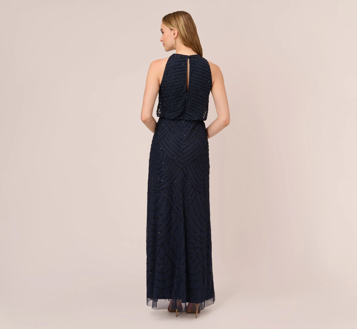Adrianna Papell Art Deco Beaded Blouson Dress With Halter Neckline In Navy Black 4 Adrianna Papell Art Deco Beaded Blouson Dress With Halter Neckline In Navy Black - Image 4