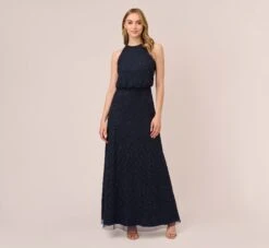Front Page 42 Adrianna Papell Art Deco Beaded Blouson Dress With Halter Neckline In Navy Black