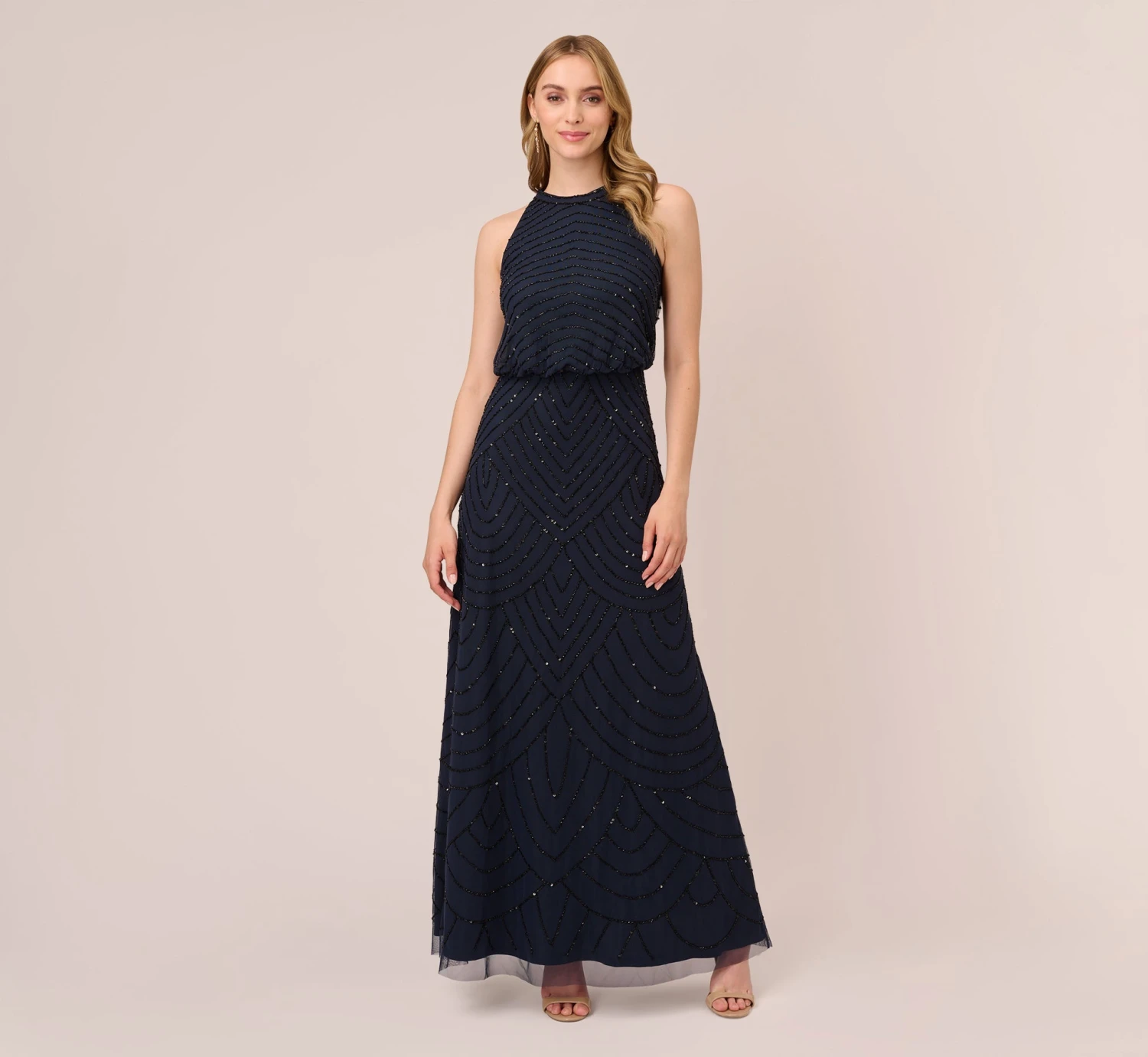 Adrianna Papell Art Deco Beaded Blouson Dress With Halter Neckline In Navy Black 1 Adrianna Papell Art Deco Beaded Blouson Dress With Halter Neckline In Navy Black