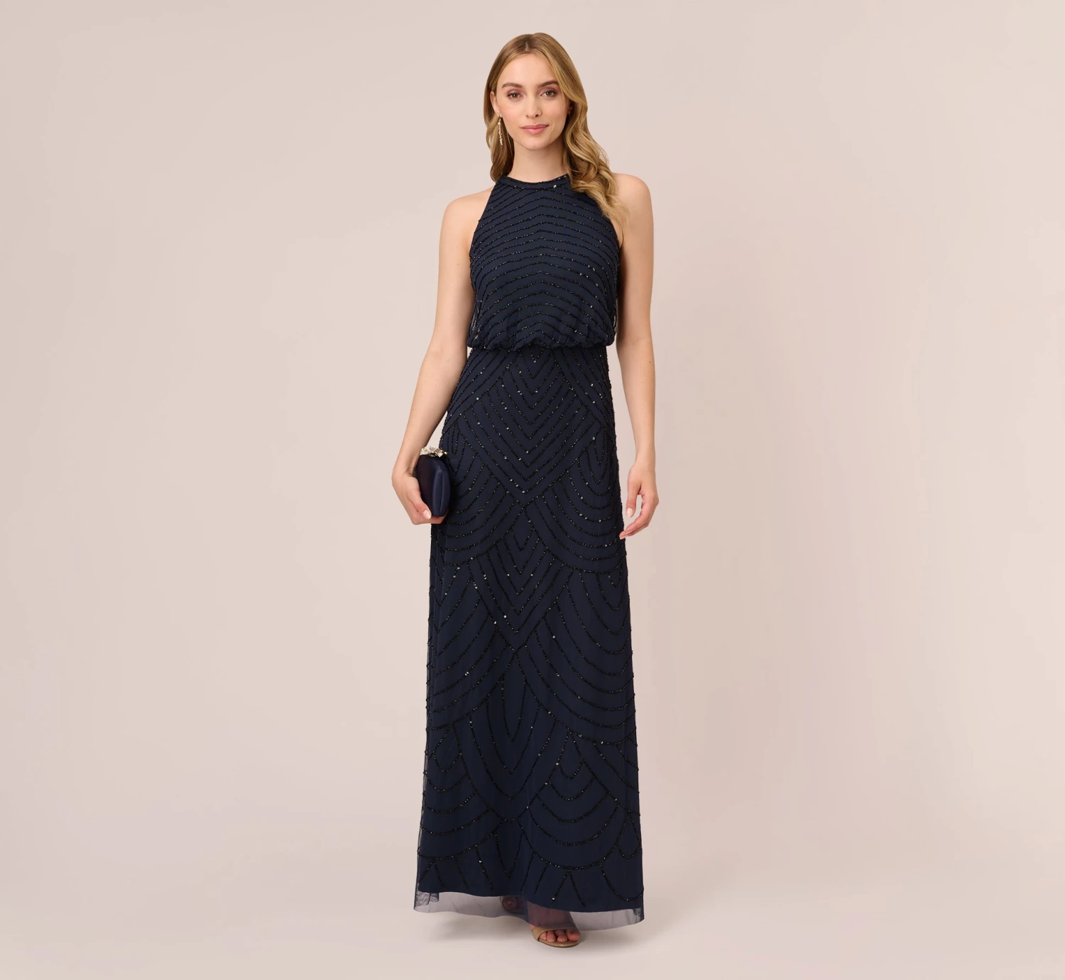 Adrianna Papell Art Deco Beaded Blouson Dress With Halter Neckline In Navy Black 2 Adrianna Papell Art Deco Beaded Blouson Dress With Halter Neckline In Navy Black - Image 2