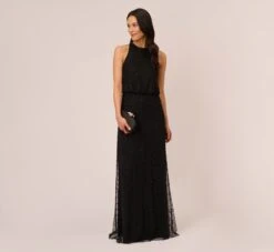 Front Page 36 Adrianna Papell Art Deco Beaded Blouson Dress With Halter Neckline In Black Black