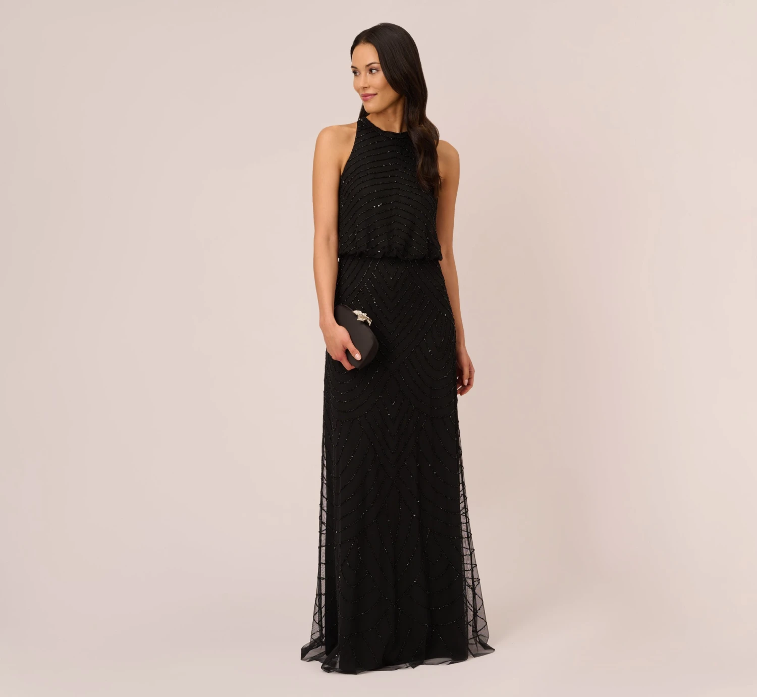 Adrianna Papell Art Deco Beaded Blouson Dress With Halter Neckline In Black Black 1 Adrianna Papell Art Deco Beaded Blouson Dress With Halter Neckline In Black Black