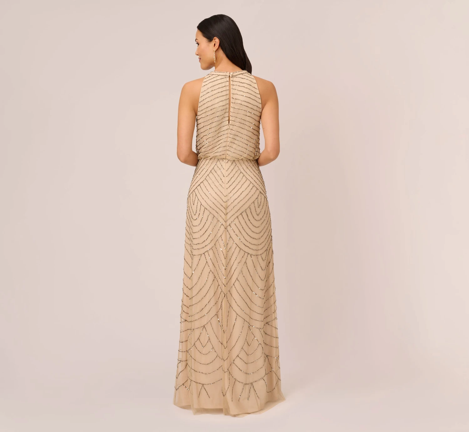 Adrianna Papell Art Deco Beaded Blouson Dress With Halter Neckline In Nude 4 Adrianna Papell Art Deco Beaded Blouson Dress With Halter Neckline In Nude - Image 4