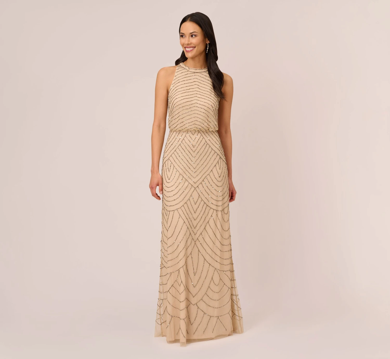 Adrianna Papell Art Deco Beaded Blouson Dress With Halter Neckline In Nude 1 Adrianna Papell Art Deco Beaded Blouson Dress With Halter Neckline In Nude