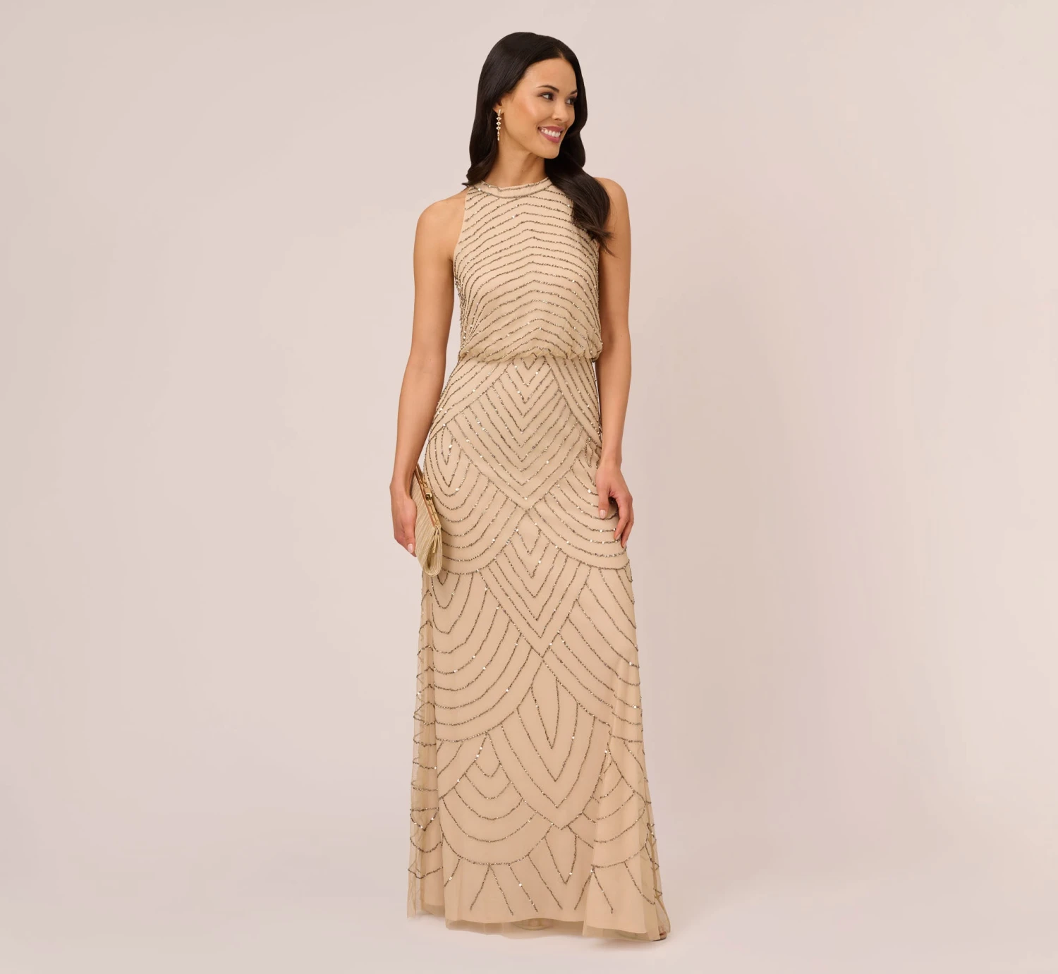 Adrianna Papell Art Deco Beaded Blouson Dress With Halter Neckline In Nude 2 Adrianna Papell Art Deco Beaded Blouson Dress With Halter Neckline In Nude - Image 2