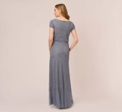 Adrianna Papell Short Sleeve Beaded Blouson Gown In Dusty Blue -Allure Attire 191916100 AA463 Regular Back