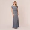 Adrianna Papell Short Sleeve Beaded Blouson Gown In Dusty Blue