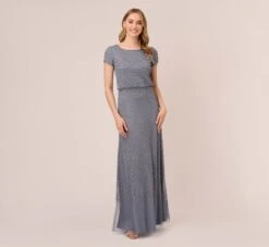 Adrianna Papell Short Sleeve Beaded Blouson Gown In Dusty Blue