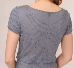 Adrianna Papell Short Sleeve Beaded Blouson Gown In Dusty Blue -Allure Attire 191916100 AA463 Regular Lifestyle