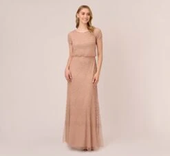 Adrianna Papell Short Sleeve Beaded Blouson Gown In Rose Gold
