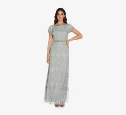 Adrianna Papell Short Sleeve Beaded Blouson Gown In Blue Mist