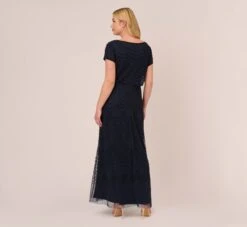 Adrianna Papell Plus Size Short Sleeve Beaded Blouson Gown In Navy Black -Allure Attire 191916101 AI410 Plus Back