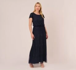 Adrianna Papell Plus Size Short Sleeve Beaded Blouson Gown In Navy Black